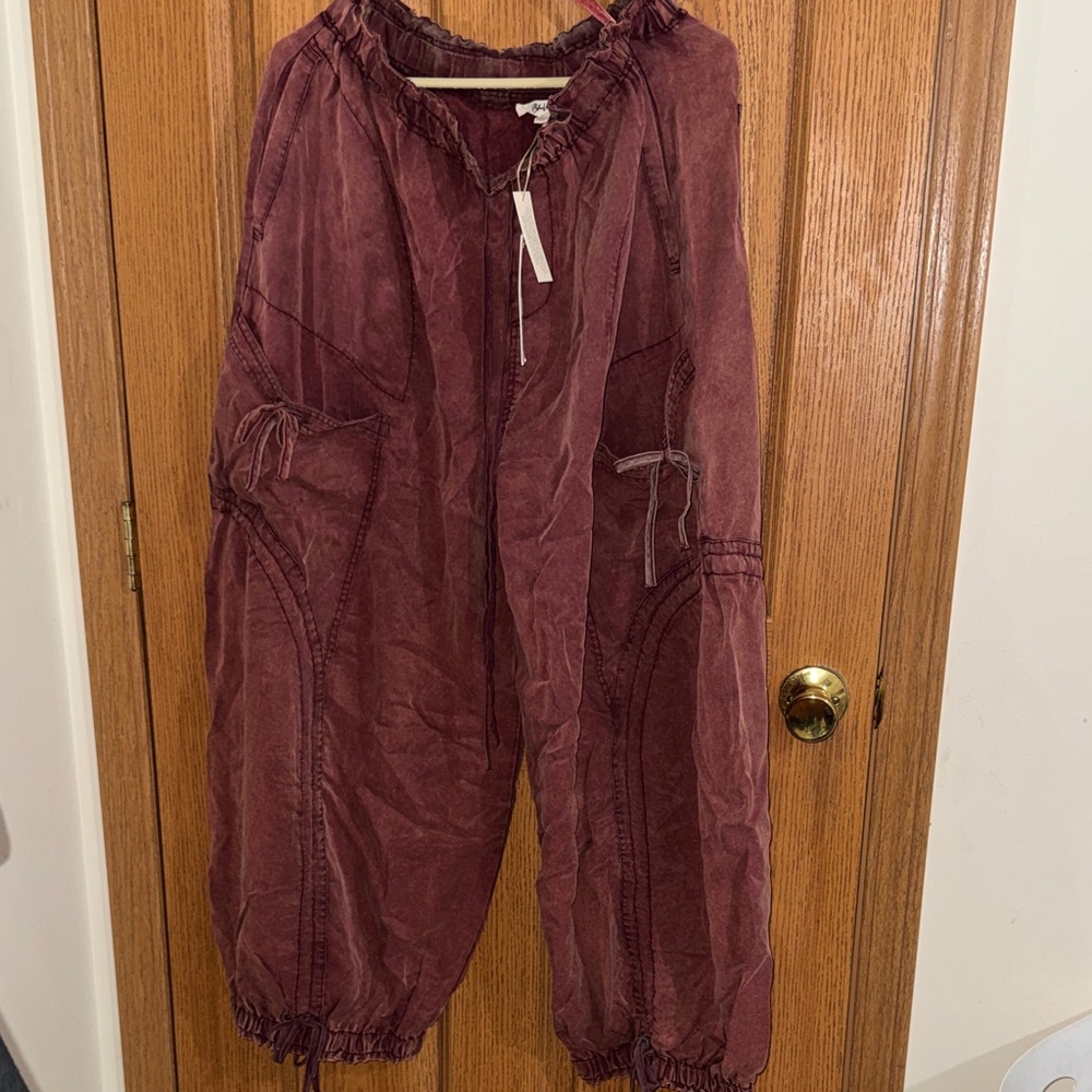 Velvet Burgundy Cargo Track Pants with Drawstring